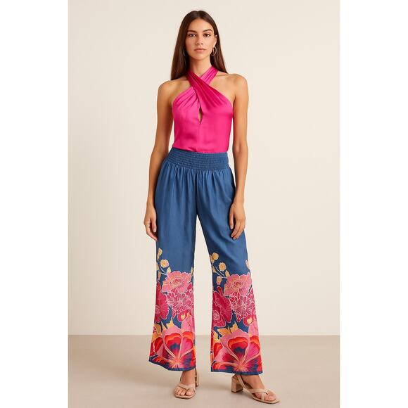 Anthropologie Pinkerton Silk Wide Leg Pants Blue Pink Floral Boho renaissance XS - Picture 1 of 8